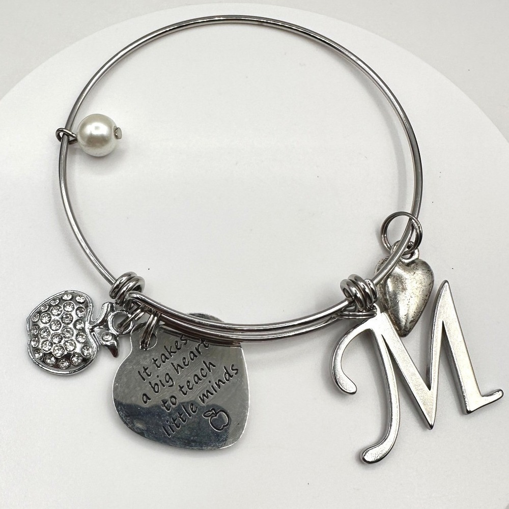 Vintage 90s Silver Tone Teacher Bangle Bracelet with Apple Heart Charm Y2K